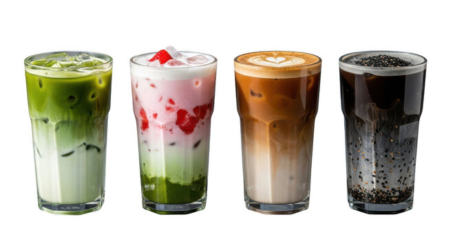 Selection of iced coffee and tea drinks in tall glasses isolated on transparent background, featuring matcha latte, strawberry milk, caramel macchiato, and black sesame latte