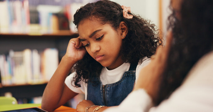 Tutor, confused or child in library with homework, teaching or frustration in learning struggle. Education, difficult or mentor at table with reading, worry or sld support for academic development.