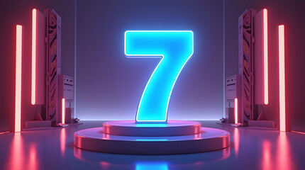 A glowing blue number 7, surrounded by vibrant neon lights, creating a futuristic and energetic atmosphere.