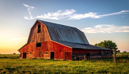 A classic red barn bathed in golden light during sunset, set against a backdrop of a vibrant blue sky and green meadow