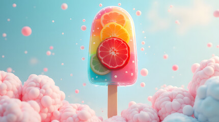 A vibrant popsicle with citrus slices, surrounded by soft pink bubbles, evoking a cheerful summer vibe.