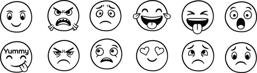 Cartoon faces expressing different emotions in black and white