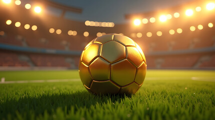 Fototapeta premium A golden soccer ball shining on the lush green field, illuminated by stadium lights, symbolizing victory and excellence in sports.