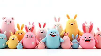 Naklejka premium A cheerful assembly of colorful animated characters, showcasing a variety of whimsical rabbits and cute creatures.
