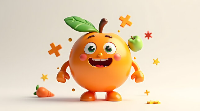 Cheerful cartoon orange character with a leaf, surrounded by colorful shapes, exuding a fun and playful vibe.