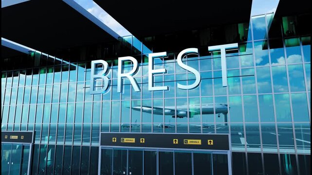 Airlane landing at Brest. Arrival in the city with reflection of airport and aircraft