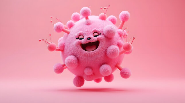 A cute and fluffy pink virus character with a joyful expression, floating against a soft pink background.