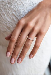 A close-up of a woman's hand displaying a delicate ring, suitable for jewelry marketing, wedding promotions, or fashion blogs, emphasizing elegance and beauty,