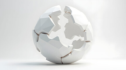 A white, geometric globe in fragmented form, symbolizing the concept of global change or disruption.