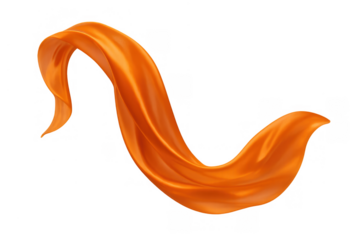 Flowing orange fabric creating an abstract wave, smooth silk textile moving in dynamic motion on transparent background