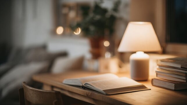 Wooden table with a stack of books and an open book on it. on the right side of the table, there is a white lamp with a beige shade. - Powered by Adobe