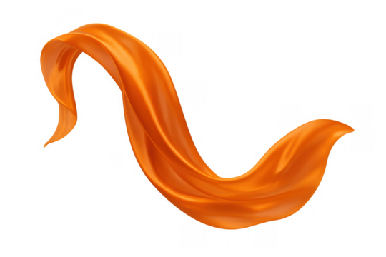 Flowing orange fabric creating an abstract wave, smooth silk textile moving in dynamic motion on transparent background