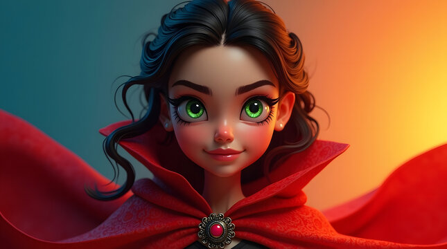A young girl with striking green eyes and curly hair, wearing a crimson cloak and a jeweled brooch, radiates confidence.