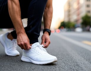 An athlete ties the laces of his white sneakers before training outside