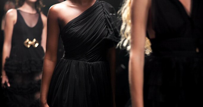 Runway model, women or dress in fashion show with designer launch, gown collection or style expo. Creative, people or event with catwalk for clothing showcase, luxury aesthetic or evening wear trend.