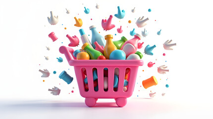 A colorful pink shopping cart overflowing with vibrant bottles and balls, surrounded by playful animated hands.
