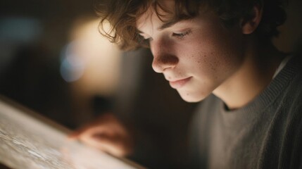 Close-up portrait of a young boy with curly hair and freckles. he is wearing a grey t-shirt and is looking down at a piece of wood with a serious expression on his face.