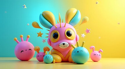 Colorful cartoon characters with a playful bunny as the main subject, set against a vibrant blue and yellow background.