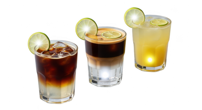Three refreshing beverages in clear glasses, each garnished with a lime slice, isolated on transparent background the drinks vary in color and composition, offering a diverse selection