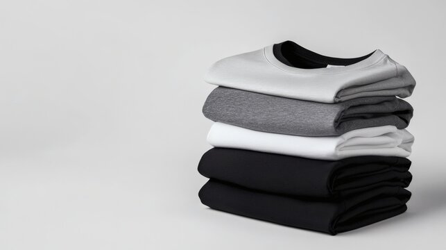 Stacking pile of folded blank black, grey, gray, and white t-shirts with a round neck and a white background cutout. A mockup template for graphic design artwork,
