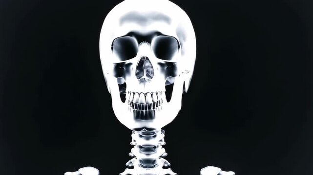 A side view of a human skull and cervical vertebrae, depicted in X-ray style, highlights the intricate bone structure clearly for anatomical study and education.
