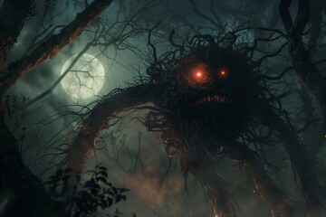 Fototapeta premium Creepy monster made of branches and roots emerging from dark forest at night, illuminated by full moon