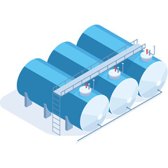 Industrial Storage Tanks Lined Up In A Row On A Sunny Day With Blue Hues And Grey Structures Detailed And Clear