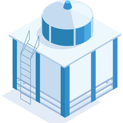 Industrial Water Tower Silo Structure With Ladder and Blue Accents on a Transparent Background Clean Isometric Vector Art