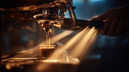 Barista pulling espresso shot from professional machine, golden crema flowing, steam and light rays, dramatic lighting, cinematic composition