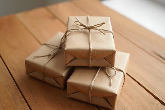 Stacked brown paper packages tied with twine on a wooden surface for gifts or shipping