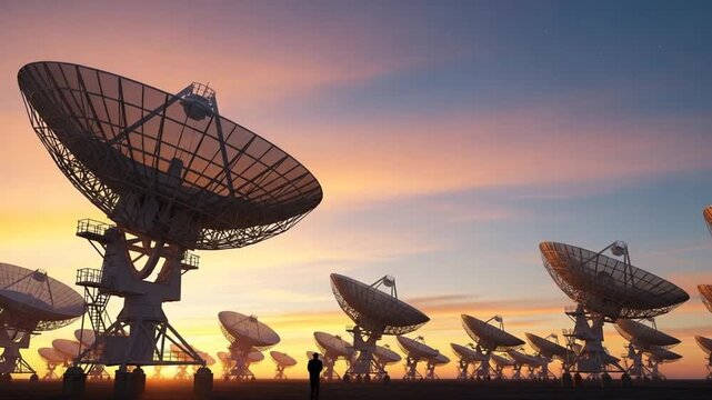 Celestial Whispers: A panoramic vista of a satellite dish array bathed in the warm glow of sunset, poised to capture cosmic signals.