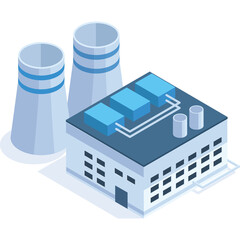 Isometric industrial power plant with cooling towers and factory building under a clear sky with blue and gray tones on a transparent background ideal for graphic design projects