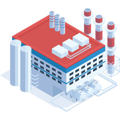 Isometric Industrial Factory Building With Red Roof And Tall Smokestacks On A Transparent Background