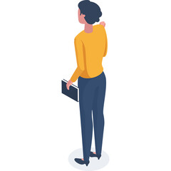 Isometric view of a person in yellow shirt and blue pants holding a book standing on a blue circular base against a white background with no discernible defects