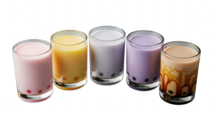 Assortment of colorful bubble tea drinks in glasses isolated on transparent background these sweet and creamy beverages are perfect for a refreshing treat any time of day