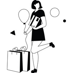 Joyful Woman Holding Balloon and Books Alongside Shopping Bags on a White Background Minimalist Style