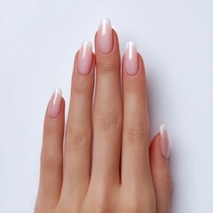A close-up of a well-manicured hand showcasing elegant nude and white French tip nails, This image can be used in beauty, fashion, or nail care promotions,