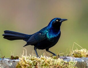 A close-up portrait of a bird with iridescent feathers, perched on a mossy surface against a blurred background