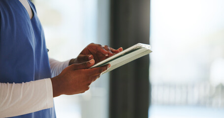 Person, hands and nurse with tablet in clinic for email, research or telehealth report. Technology,...