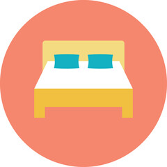 Illustration Of A Bed With Yellow Frame And Blue Pillows Inside A Coral Circle On A Transparent Background