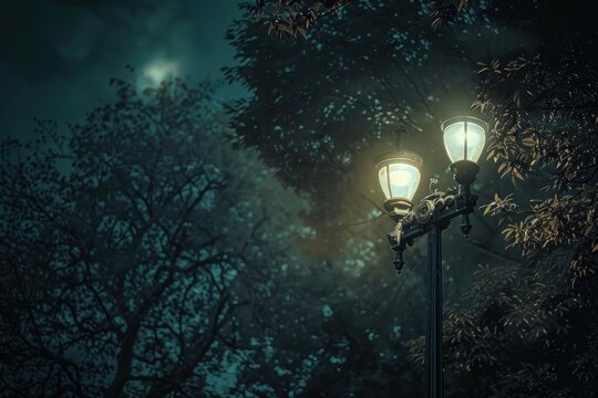 Ornate street lamp illuminating dark forest at night with moon in background, creating mysterious and atmospheric scene - Powered by Adobe