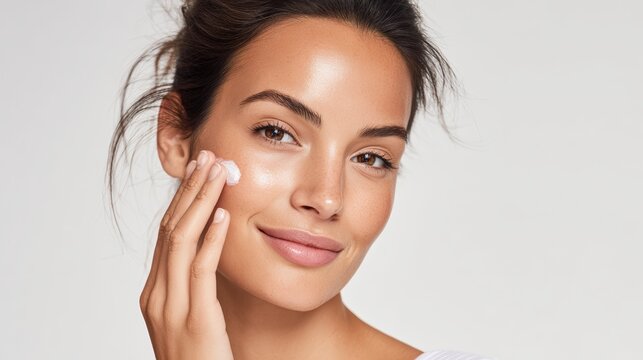 A woman applies a cream to her face, showcasing healthy skin and a radiant smile, This image is ideal for beauty, skincare, and wellness campaigns, brochures