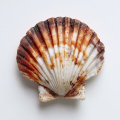 A beautiful scallop shell, showcasing a mix of warm colors and intricate patterns, ideal for use in culinary, marine life, or natural decor themes, Perfect for seafood menus, educational materials