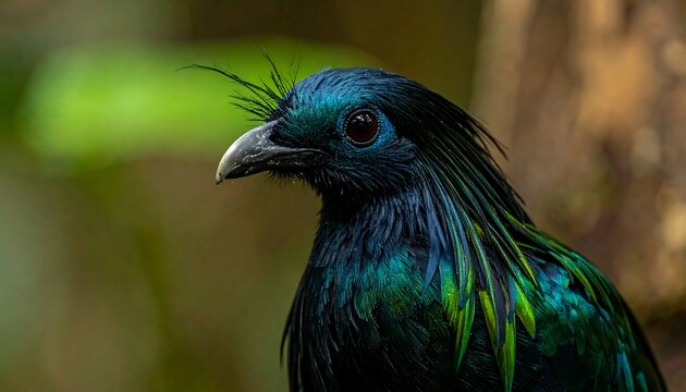 A close-up portrait of a bird with iridescent green and blue plumage, distinctive crest, and sharp beak. Eye detail