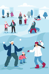 Winter activities. People are walking, building a snowman, having a snowball fight, tubing, and ice skating. Flat cartoon vector illustration.