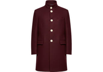 Isolated burgundy overcoat with round collar and buttons, stylish winter fashion clothing item