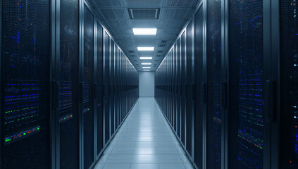 Data center server room with rows of computer hardware equipment