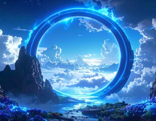 Futuristic scenic view, portal ring, fantasy landscape, mountains, river, clouds, and bright blue