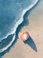 A delicate seashell rests on sandy shore, kissed by gentle waves, creating a tranquil coastal scene perfect for nature-themed projects, travel articles, or beach-inspired designs,