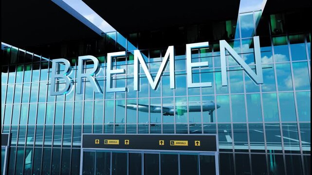 Airlane landing at Bremen. Arrival in the city with reflection of airport and aircraft
